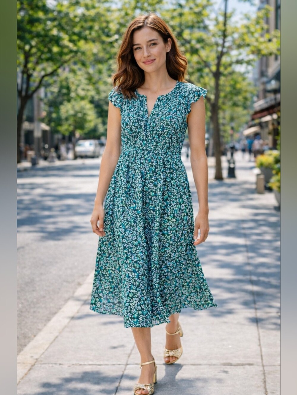 J.Crew Factory Cotton Poplin Smocked Flutter-Sleeve Midi Dress